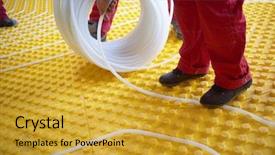  Presentation with small group working - Beautiful PPT theme featuring solar companies - group of workers installing underfloor backdrop and a  colored foreground