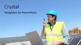  Presentation with photovoltaic - Theme with solar energy - engineer checking photovoltaic installation background and a light blue colored foreground