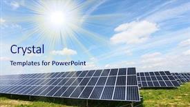  Presentation with sunny sky - Beautiful presentation theme featuring solar energy panels against sunny backdrop and a sky blue colored foreground