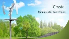  Presentation with wind solar - Slides having solar energy panels with wind turbine in spring landscape clean energy concept background and a sky blue colored foreground