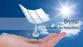  Presentation with floating solar farm - Audience pleasing slide set consisting of solar panel floating on hand backdrop and a light blue colored foreground