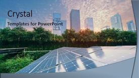  Presentation with renewable energy - Colorful presentation theme enhanced with solar panel plant with urban backdrop and a teal colored foreground