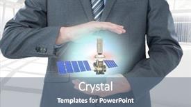  Presentation with solar satellite - Presentation featuring solar panel satellite between businessman background and a ocean colored foreground