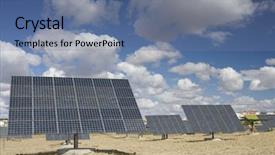  Presentation with solar park - Amazing PPT theme having solar panels aligned and faced backdrop and a ocean colored foreground