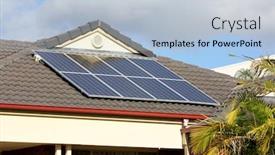  Presentation with residential solar - Presentation design consisting of solar panels on roof in residential estate with soft focus background background and a light blue colored foreground