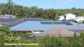  Presentation with residential solar - Audience pleasing slide set consisting of solar panels on roof in residential estate with soft focus background backdrop and a tawny brown colored foreground