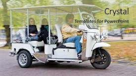  Presentation with driving road - PPT theme with solar powered tuc tuc driving on a road background and a mint green colored foreground