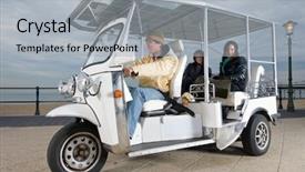  Presentation with solar - Amazing PPT theme having solar powered tuc tuc at the beach picking up a fare backdrop and a light gray colored foreground