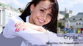  Presentation with sustainable urban - PPT theme with solar street light - urban beautiful young woman background and a  colored foreground