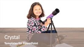  Presentation with telescope - PPT theme enhanced with solar system objects - little girl holding her telescope background and a coral colored foreground