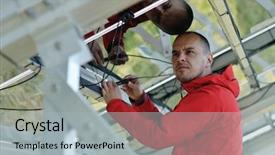  Presentation with solar panels - Presentation with solarcell buisness - male engineer at work place background and a light gray colored foreground