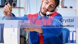  Presentation with broken relationship fixing a concept - Audience pleasing presentation theme consisting of solder wave - young repairman fixing and repairing backdrop and a light blue colored foreground