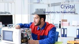  Presentation with broken relationship fixing a concept - Colorful presentation enhanced with solder wave - young repairman fixing and repairing backdrop and a  colored foreground