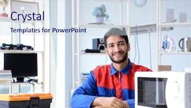  Presentation with young - Cool new theme with solder wave - young repairman fixing and repairing backdrop and a  colored foreground