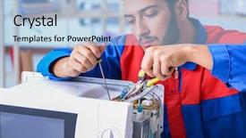  Presentation with young - Slide set having solder wave - young repairman fixing and repairing background and a light blue colored foreground