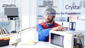  Presentation with broken relationship fixing a concept - Slide deck enhanced with solder wave - young repairman fixing and repairing background and a  colored foreground