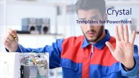  Presentation with young - Beautiful presentation design featuring solder wave - young repairman fixing and repairing backdrop and a  colored foreground