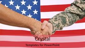  Presentation with shaking hands - Beautiful PPT theme featuring soldier and civilian shaking hands backdrop and a coral colored foreground