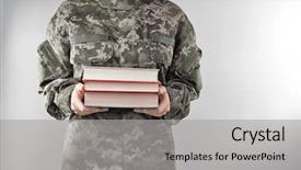  Presentation with education book or tree - Audience pleasing slide deck consisting of soldier holding books military education backdrop and a light gray colored foreground