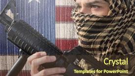  Presentation with firearm - Cool new PPT layouts with soldier holding firearm against american backdrop and a tawny brown colored foreground