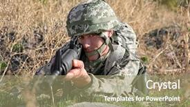  Presentation with military - Amazing PPT theme having soldier in camouflage taking aim backdrop and a coral colored foreground