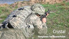  Presentation with military - Beautiful PPT theme featuring soldier in camouflage taking aim backdrop and a  colored foreground