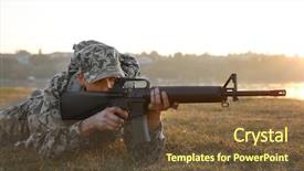  Presentation with abstract military camouflage made - Colorful PPT theme enhanced with soldier in camouflage taking aim backdrop and a tawny brown colored foreground