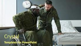  Presentation with helping - Presentation theme having soldier-in-military-uniform-helping background and a tawny brown colored foreground