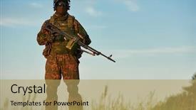  Presentation with military - Colorful PPT layouts enhanced with soldier in uniform with machine backdrop and a  colored foreground
