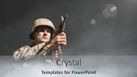  Presentation with weapon - Presentation theme consisting of soldier man holding a weapon against black background with clouds and flares background and a light gray colored foreground