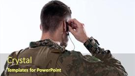  Presentation with gear - Beautiful PPT theme featuring soldier-preparing-tactical-and-commpunication backdrop and a tawny brown colored foreground