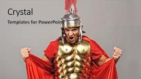  Presentation with roman soldier - Amazing PPT theme having soldier ready for a war backdrop and a light gray colored foreground