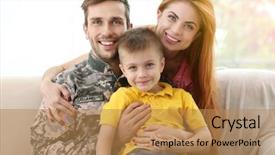  Presentation with family speech - PPT theme having soldier reunited with his family background and a coral colored foreground