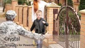  Presentation with clear sunny day rural landscape - Colorful slide deck enhanced with soldier reunited with his family backdrop and a coral colored foreground