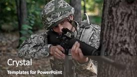  Presentation with forest - Audience pleasing presentation theme consisting of soldier taking aim from rifle backdrop and a dark gray colored foreground