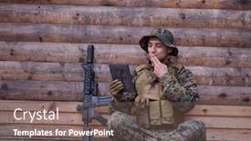  Presentation with military family - PPT theme with soldier-using-tablet-computer-against background and a gray colored foreground