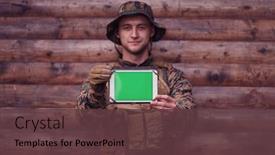 Presentation with military family - Audience pleasing PPT theme consisting of soldier-using-tablet-computer-against backdrop and a tawny brown colored foreground