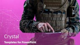  Presentation with computer network - Presentation design with soldier-using-tablet-computer-hands background and a purple colored foreground