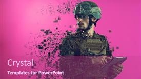  Presentation with computer - Cool new slide set with soldier-using-tablet-computer-hands backdrop and a violet colored foreground