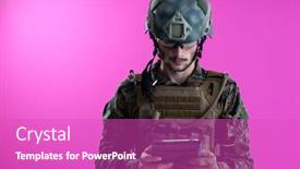  Presentation with computer - PPT theme with soldier-using-tablet-computer-hands background and a purple colored foreground