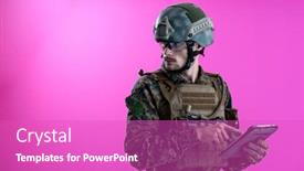  Presentation with computer - Slides featuring soldier-using-tablet-computer-hands background and a purple colored foreground