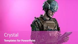  Presentation with education on computer black hands - PPT theme enhanced with soldier-using-tablet-computer-hands background and a purple colored foreground