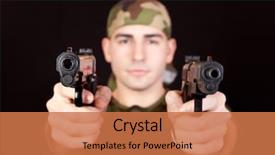  Presentation with guns - Presentation theme featuring soldier with two guns point background and a coral colored foreground