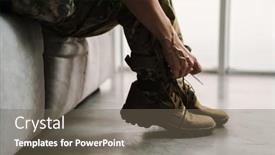  Presentation with shoe - PPT theme with soldier-woman-tying-her-shoe background and a gray colored foreground