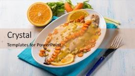  Presentation with celery - Theme having sole fish with carrots celery and orange sauce background and a gold colored foreground