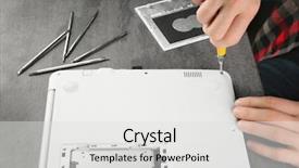  Presentation with body repair - Audience pleasing PPT theme consisting of solid state - male hands assembling laptop body backdrop and a light gray colored foreground