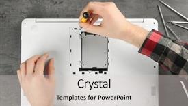  Presentation with computer repair - Beautiful PPT theme featuring solid state - male hands assembling laptop body backdrop and a light gray colored foreground