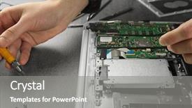  Presentation with computer repair - Theme having solid state - man fixing disassembled laptop closeup background and a gray colored foreground