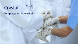  Presentation with joint venture hand together - Presentation theme having solidarity - group of doctors clasped their background and a sky blue colored foreground