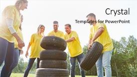  Presentation with teambuilding - Presentation design featuring solidarity - young people are stacking car background and a white colored foreground